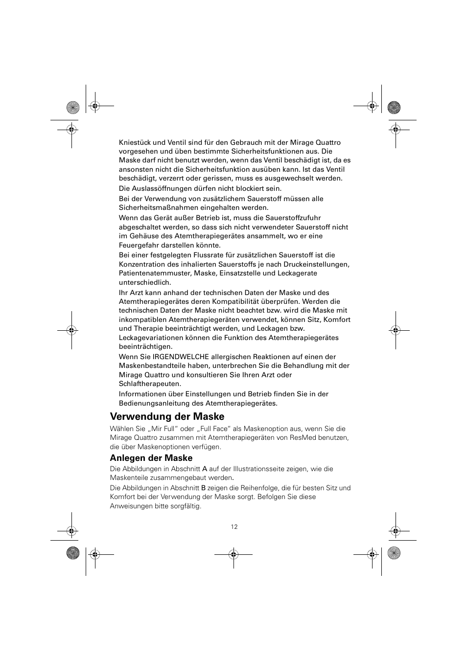 Verwendung der maske, Anlegen der maske | ResMed Mirage Quattro 61836/2 User Manual | Page 16 / 86