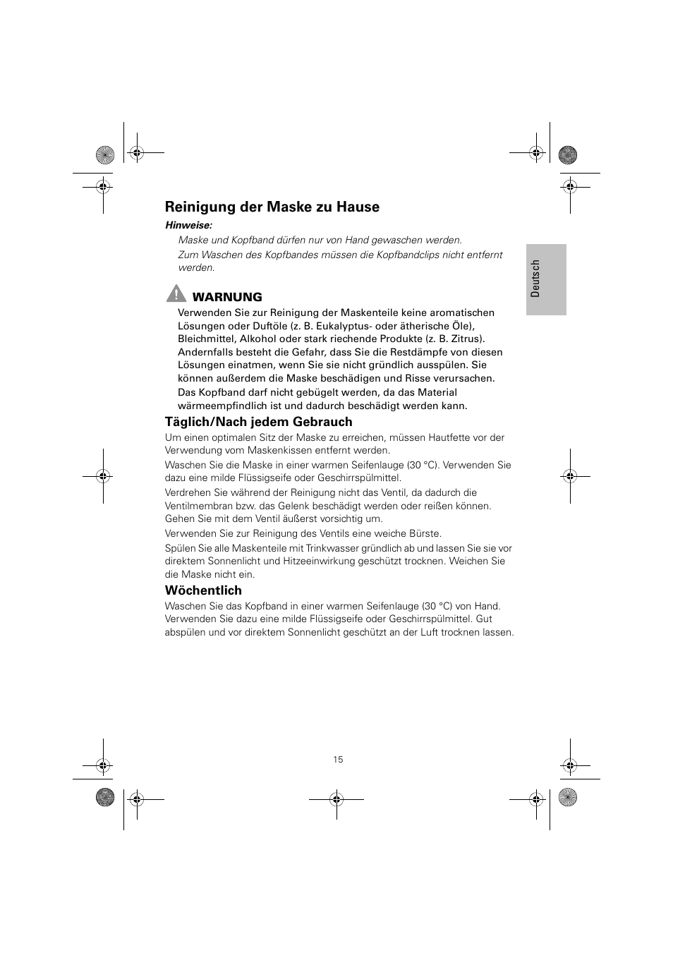 Reinigung der maske zu hause, Täglich/nach jedem gebrauch, Wöchentlich | ResMed Mirage Quattro 61836/2 User Manual | Page 19 / 86