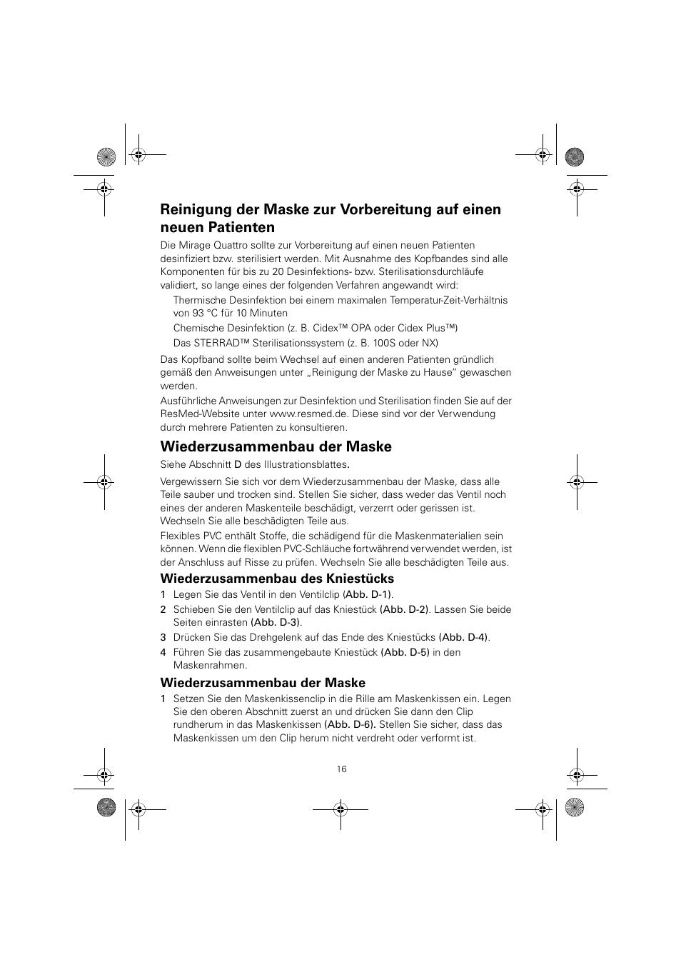 Wiederzusammenbau der maske, Wiederzusammenbau des kniestücks | ResMed Mirage Quattro 61836/2 User Manual | Page 20 / 86