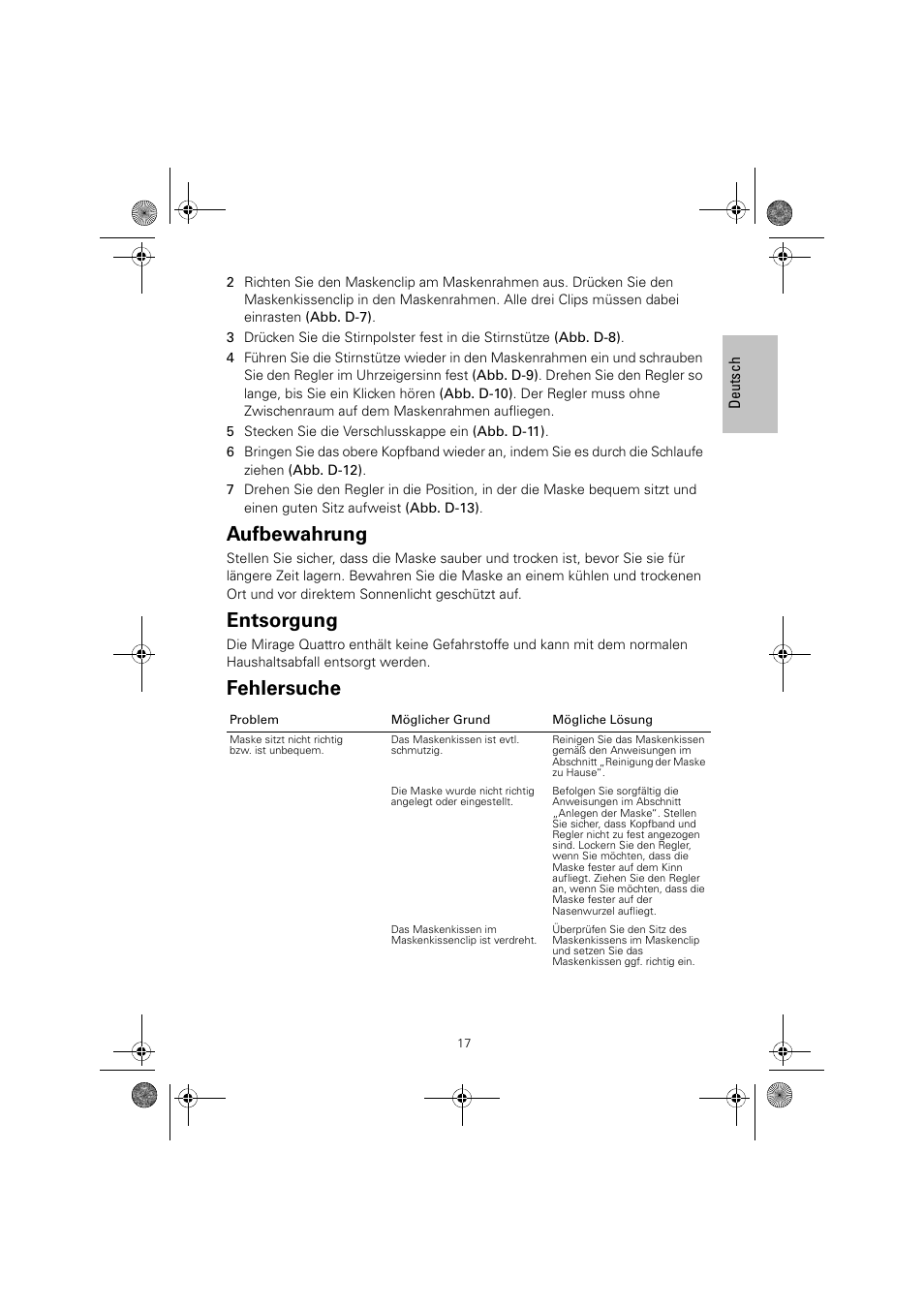 Aufbewahrung, Entsorgung, Fehlersuche | ResMed Mirage Quattro 61836/2 User Manual | Page 21 / 86