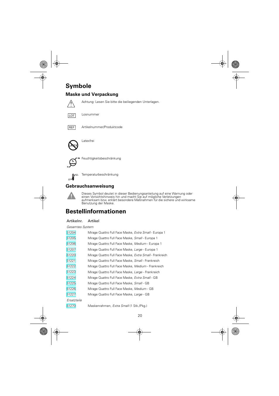 Symbole, Bestellinformationen | ResMed Mirage Quattro 61836/2 User Manual | Page 24 / 86