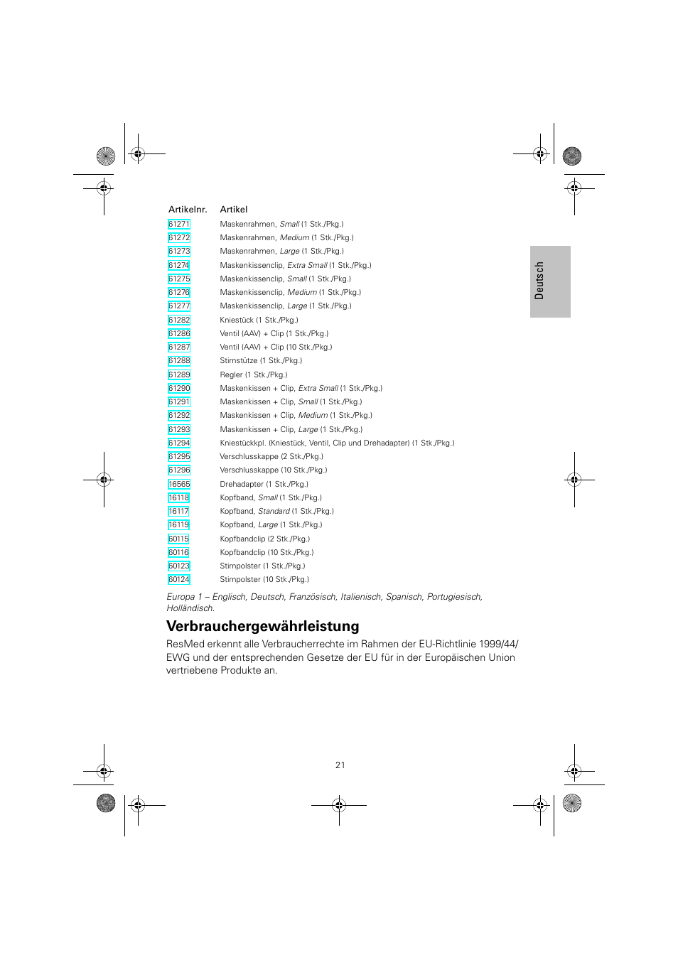 Verbrauchergewährleistung, Deutsch | ResMed Mirage Quattro 61836/2 User Manual | Page 25 / 86