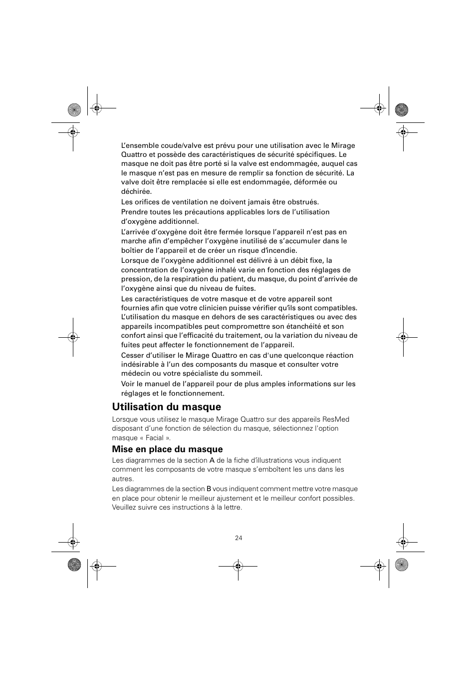 Utilisation du masque, Mise en place du masque | ResMed Mirage Quattro 61836/2 User Manual | Page 28 / 86