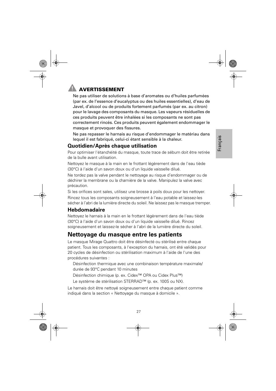 Nettoyage du masque entre les patients, Quotidien/après chaque utilisation, Hebdomadaire | ResMed Mirage Quattro 61836/2 User Manual | Page 31 / 86