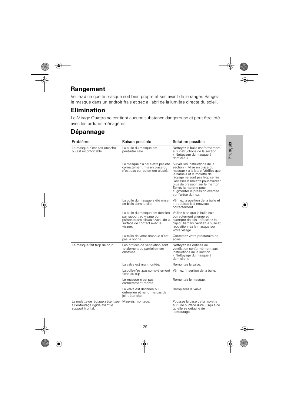 Rangement, Elimination, Dépannage | ResMed Mirage Quattro 61836/2 User Manual | Page 33 / 86