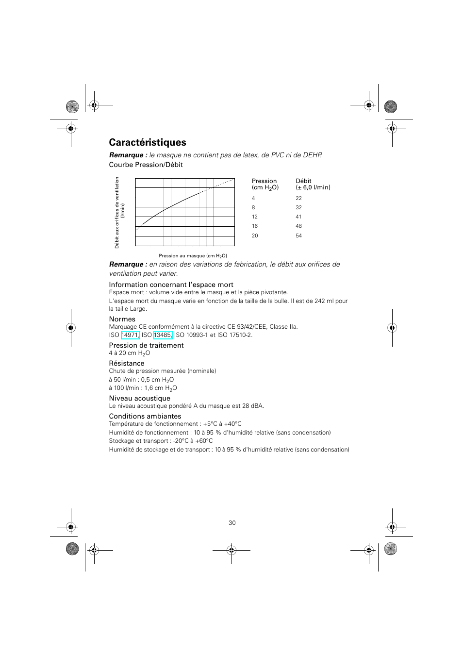 Caractéristiques, Normes, Pression de traitement | Résistance, Niveau acoustique, Conditions ambiantes | ResMed Mirage Quattro 61836/2 User Manual | Page 34 / 86