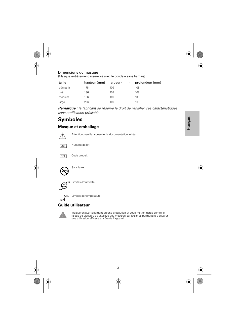 Symboles | ResMed Mirage Quattro 61836/2 User Manual | Page 35 / 86