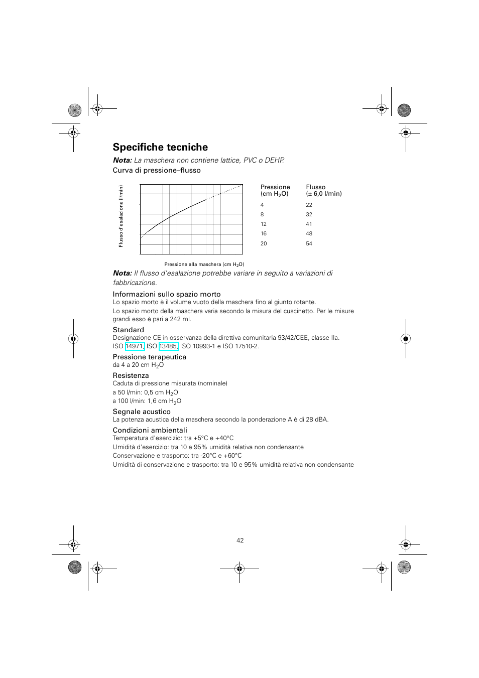 Specifiche tecniche, Standard, Pressione terapeutica | Resistenza, Segnale acustico, Condizioni ambientali | ResMed Mirage Quattro 61836/2 User Manual | Page 46 / 86