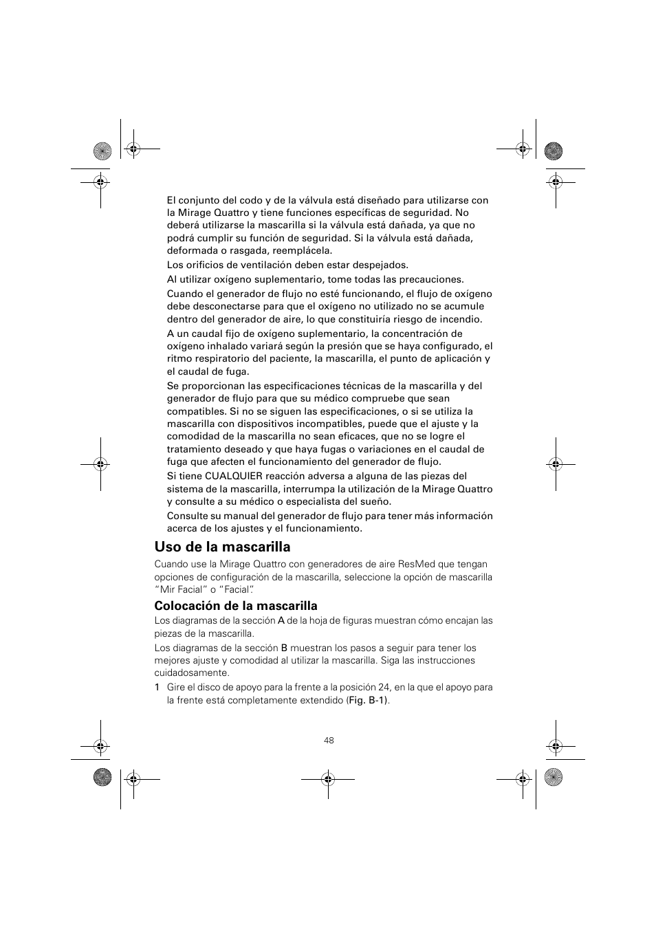 Uso de la mascarilla, Colocación de la mascarilla | ResMed Mirage Quattro 61836/2 User Manual | Page 52 / 86