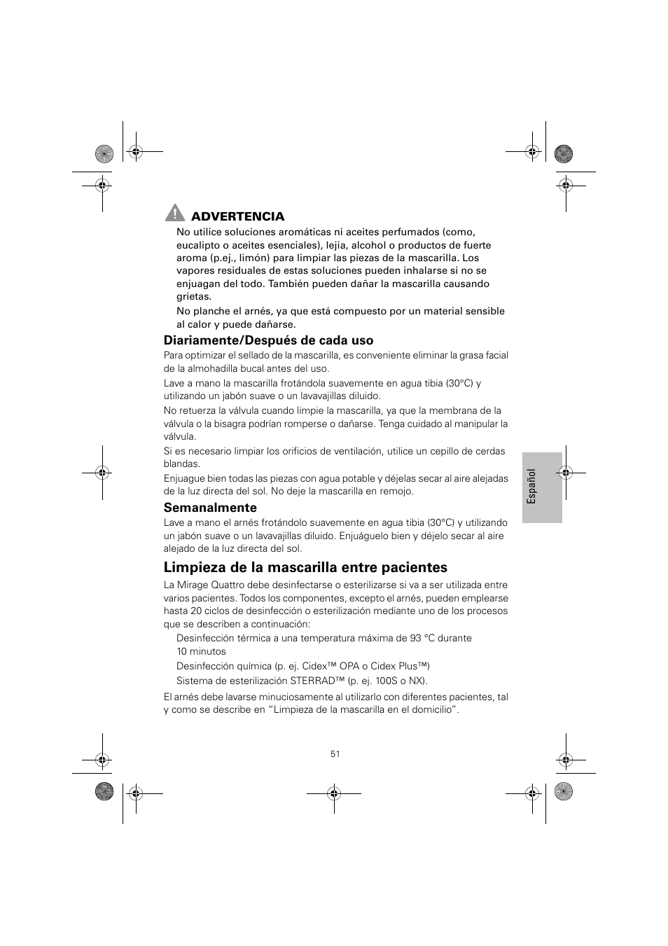 Limpieza de la mascarilla entre pacientes, Diariamente/después de cada uso, Semanalmente | ResMed Mirage Quattro 61836/2 User Manual | Page 55 / 86