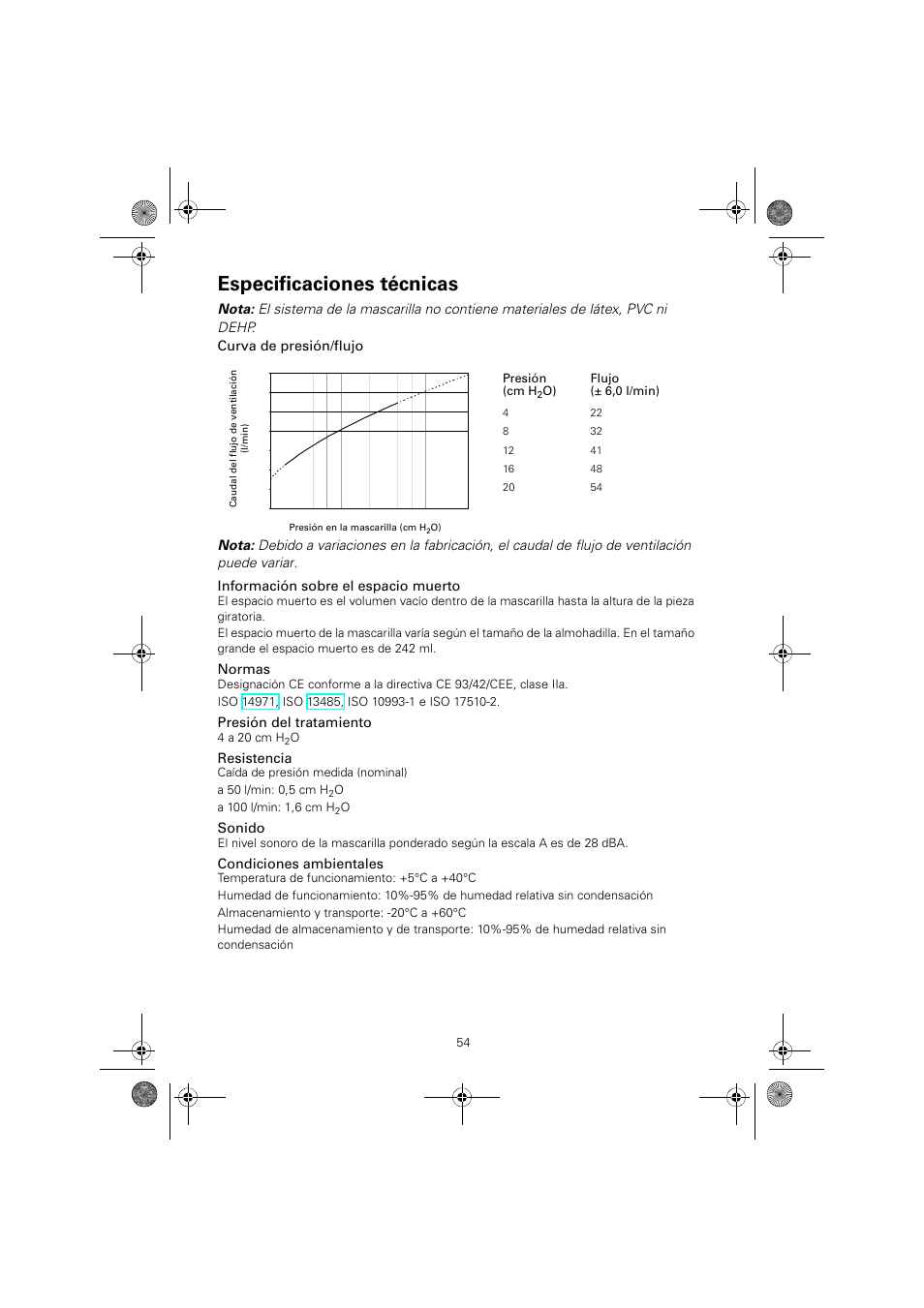 Especificaciones técnicas, Normas, Presión del tratamiento | Resistencia, Sonido, Condiciones ambientales | ResMed Mirage Quattro 61836/2 User Manual | Page 58 / 86