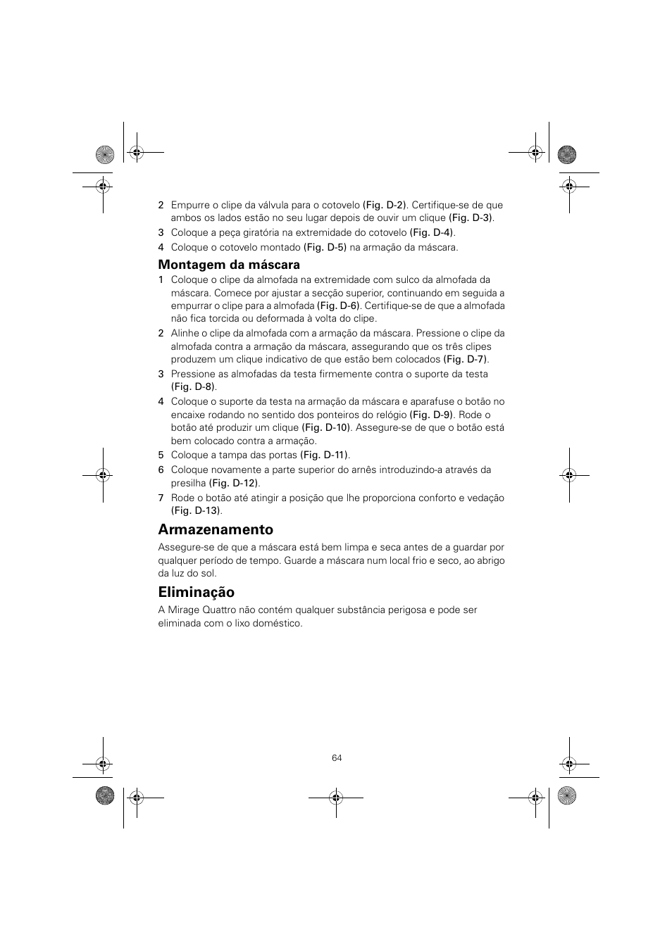 Armazenamento, Eliminação, Montagem da máscara | ResMed Mirage Quattro 61836/2 User Manual | Page 68 / 86