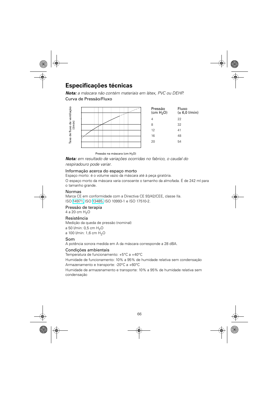 Especificações técnicas, Normas, Pressão de terapia | Resistência, Condições ambientais | ResMed Mirage Quattro 61836/2 User Manual | Page 70 / 86