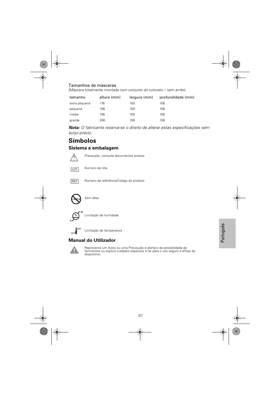 Símbolos | ResMed Mirage Quattro 61836/2 User Manual | Page 71 / 86