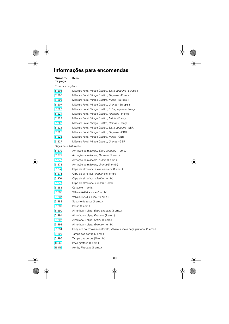 Informações para encomendas | ResMed Mirage Quattro 61836/2 User Manual | Page 72 / 86