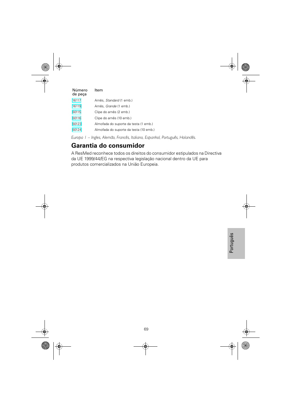 Garantia do consumidor | ResMed Mirage Quattro 61836/2 User Manual | Page 73 / 86