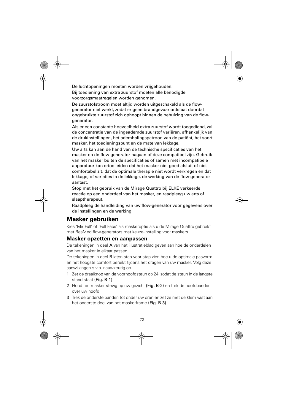 Masker gebruiken, Masker opzetten en aanpassen | ResMed Mirage Quattro 61836/2 User Manual | Page 76 / 86