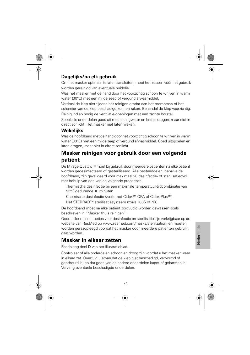 Masker in elkaar zetten, Dagelijks/na elk gebruik, Wekelijks | ResMed Mirage Quattro 61836/2 User Manual | Page 79 / 86