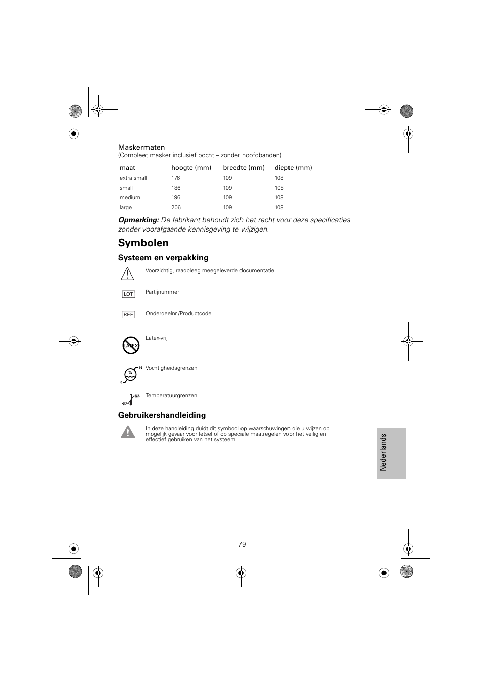 Symbolen | ResMed Mirage Quattro 61836/2 User Manual | Page 83 / 86