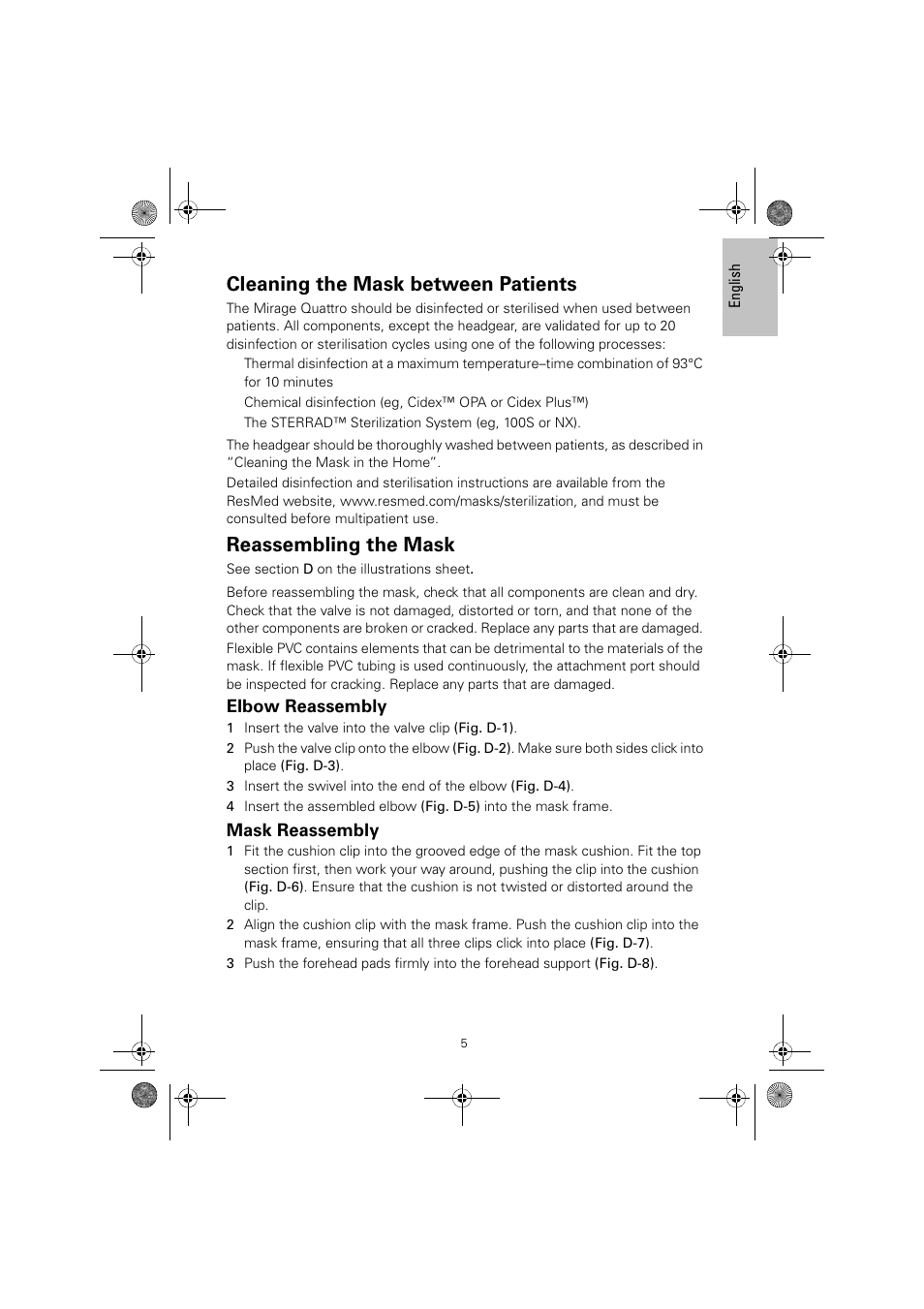 Cleaning the mask between patients, Reassembling the mask, Elbow reassembly | Mask reassembly | ResMed Mirage Quattro 61836/2 User Manual | Page 9 / 86