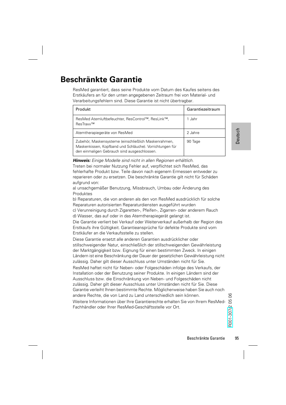 Beschränkte garantie | ResMed VPAP III & III ST User Manual | Page 101 / 348