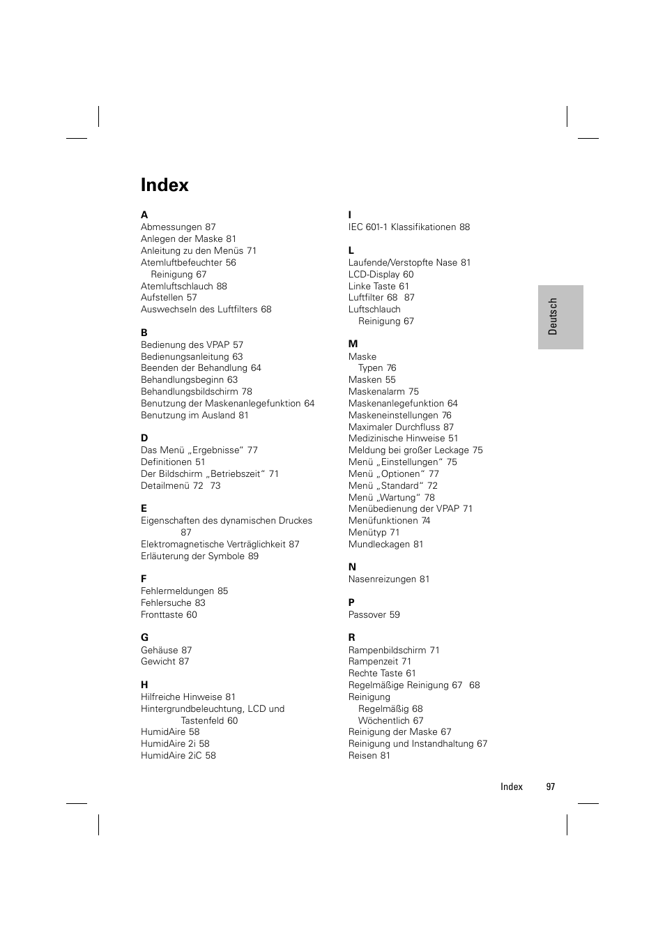 Index | ResMed VPAP III & III ST User Manual | Page 103 / 348