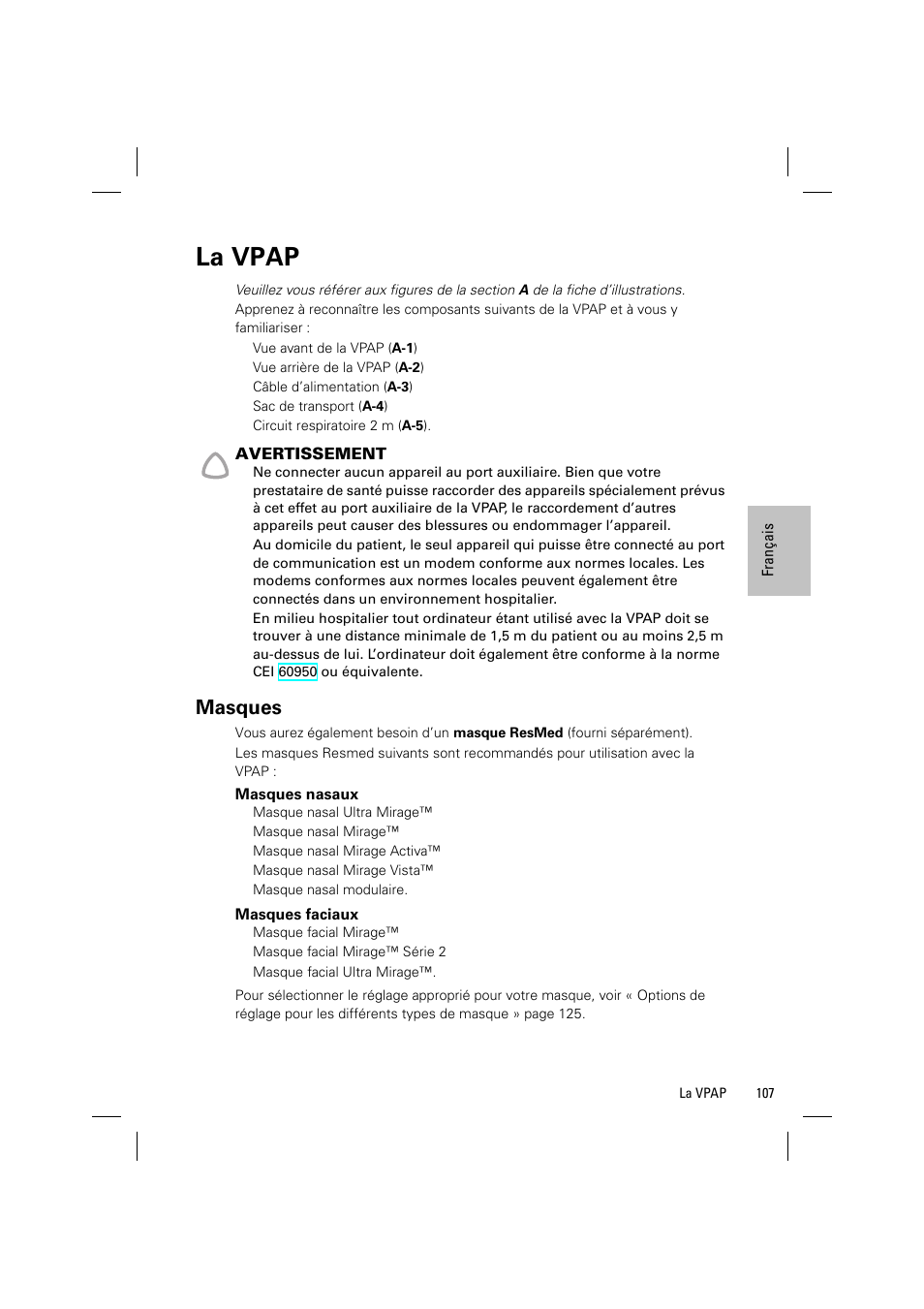 La vpap, Masques | ResMed VPAP III & III ST User Manual | Page 113 / 348