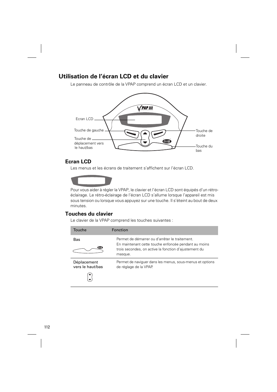 Utilisation de l’écran lcd et du clavier, Ecran lcd, Touches du clavier | ResMed VPAP III & III ST User Manual | Page 118 / 348