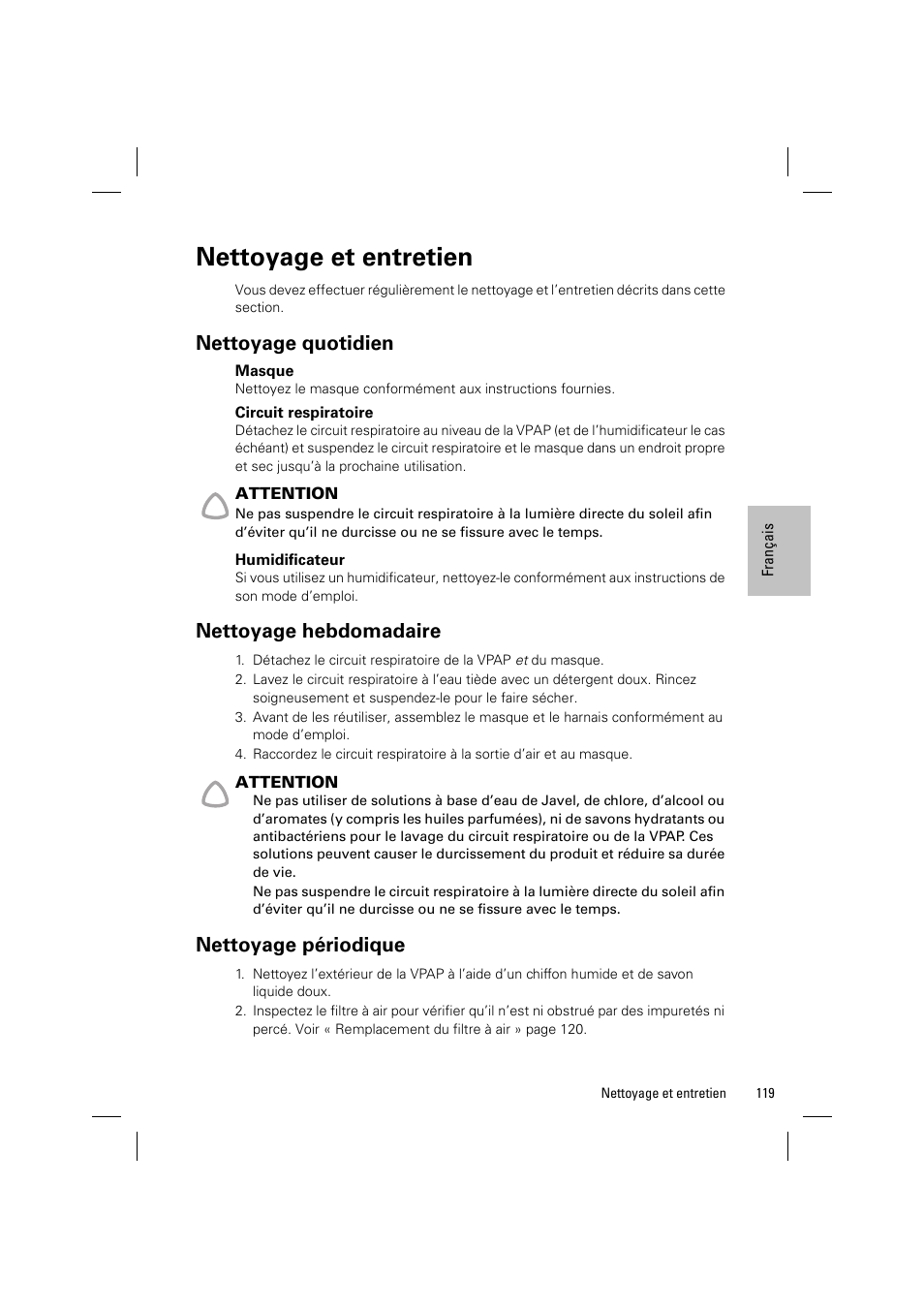 Nettoyage et entretien, Nettoyage quotidien, Nettoyage hebdomadaire | Nettoyage périodique | ResMed VPAP III & III ST User Manual | Page 125 / 348