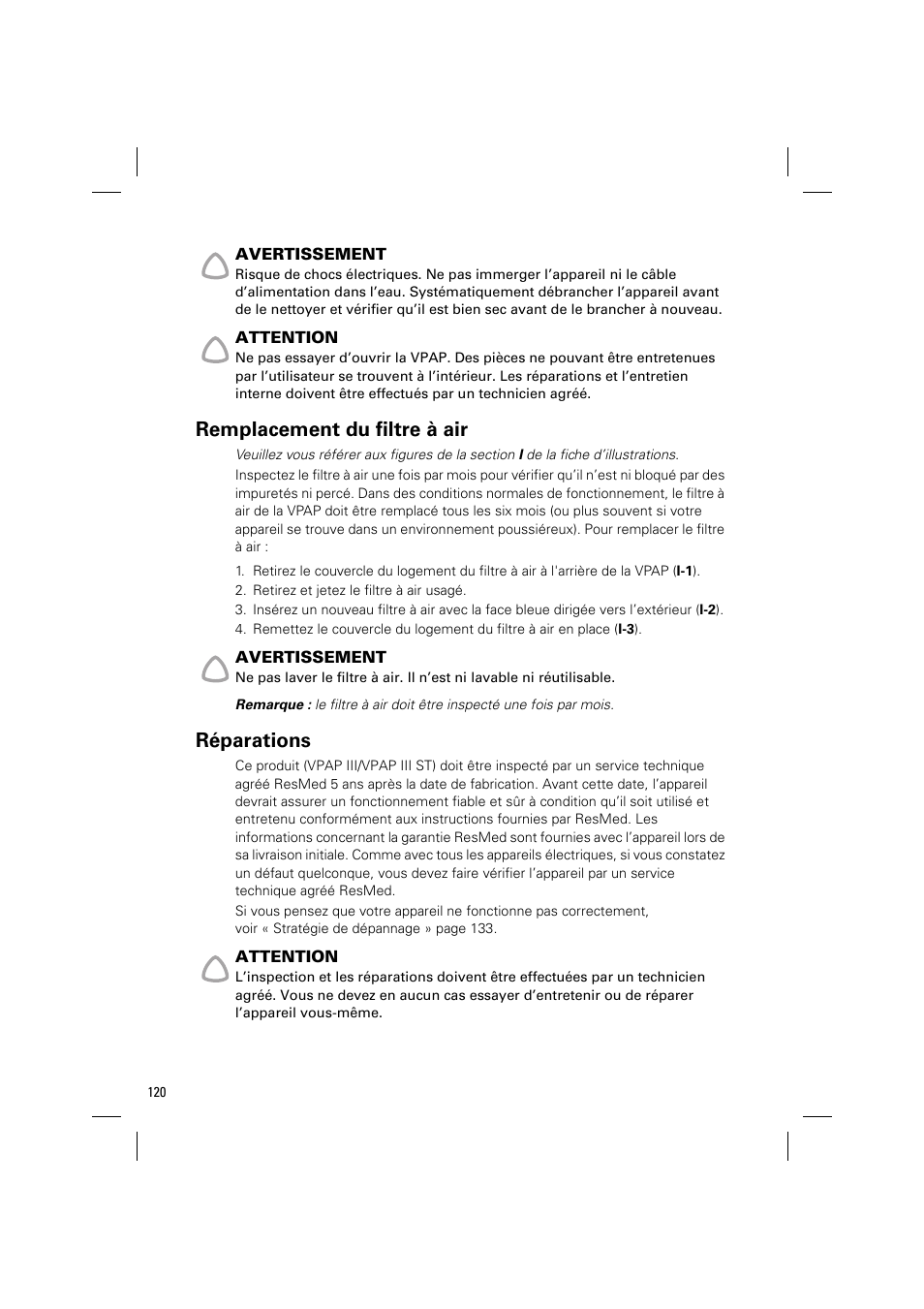 Remplacement du filtre à air, Réparations | ResMed VPAP III & III ST User Manual | Page 126 / 348