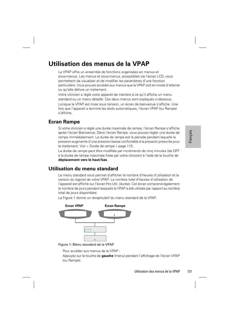 Utilisation des menus de la vpap, Ecran rampe, Utilisation du menu standard | ResMed VPAP III & III ST User Manual | Page 127 / 348