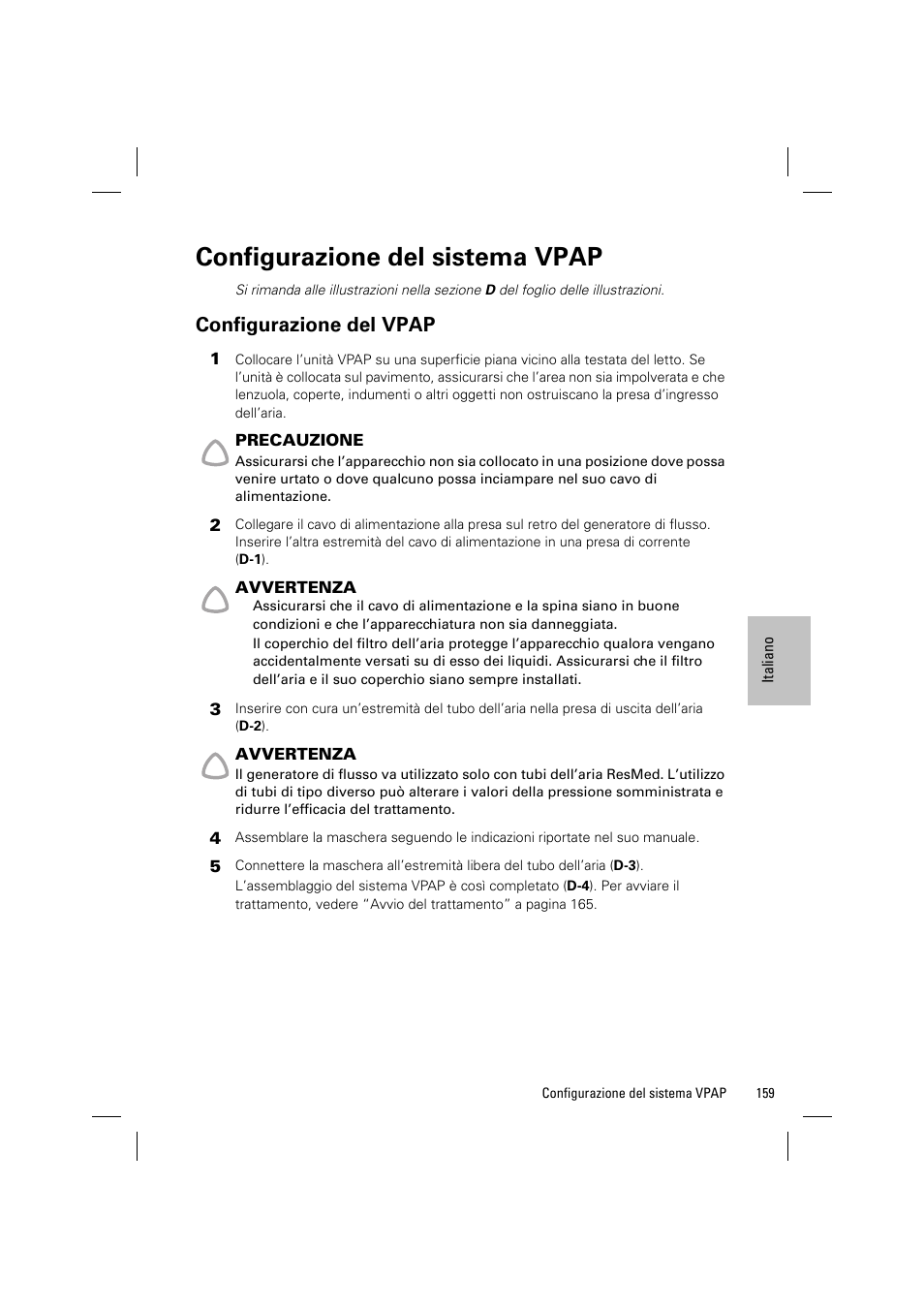 Configurazione del sistema vpap, Configurazione del vpap | ResMed VPAP III & III ST User Manual | Page 165 / 348