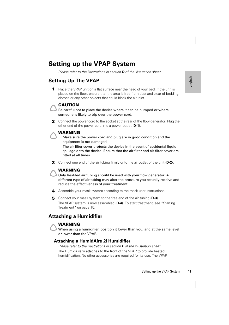 Setting up the vpap system, Setting up the vpap, Attaching a humidifier | ResMed VPAP III & III ST User Manual | Page 17 / 348