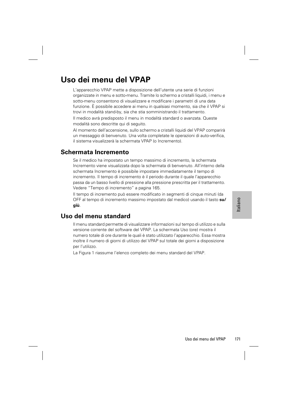 Uso dei menu del vpap | ResMed VPAP III & III ST User Manual | Page 177 / 348