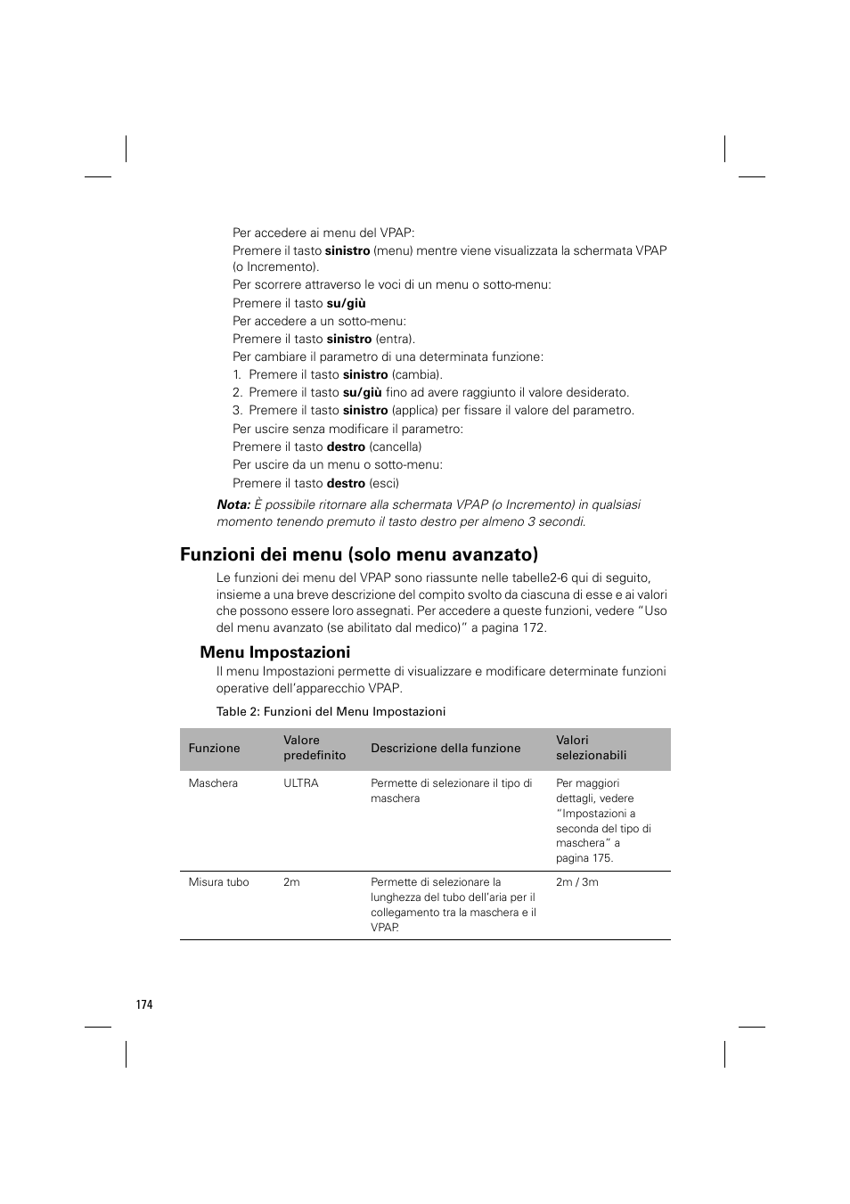 Funzioni dei menu (solo menu avanzato), Menu impostazioni | ResMed VPAP III & III ST User Manual | Page 180 / 348