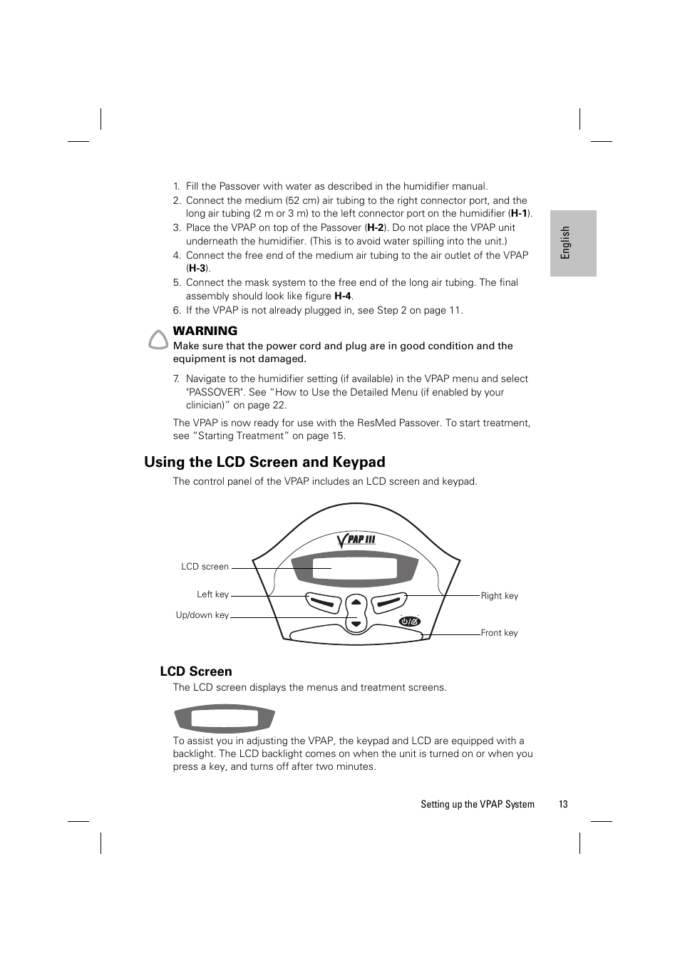 Using the lcd screen and keypad, Lcd screen | ResMed VPAP III & III ST User Manual | Page 19 / 348