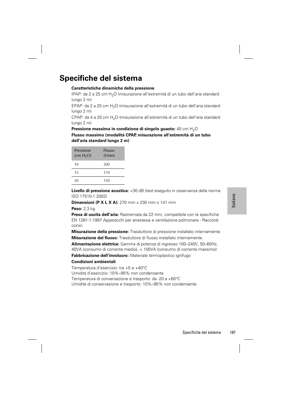Specifiche del sistema | ResMed VPAP III & III ST User Manual | Page 193 / 348
