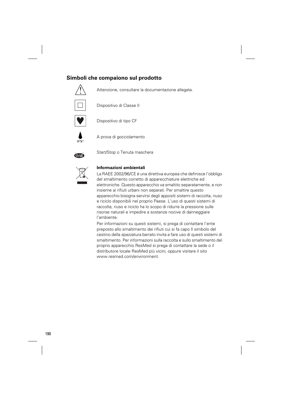 Simboli che compaiono sul prodotto | ResMed VPAP III & III ST User Manual | Page 196 / 348