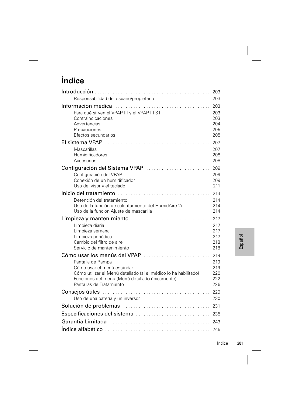 Índice | ResMed VPAP III & III ST User Manual | Page 207 / 348