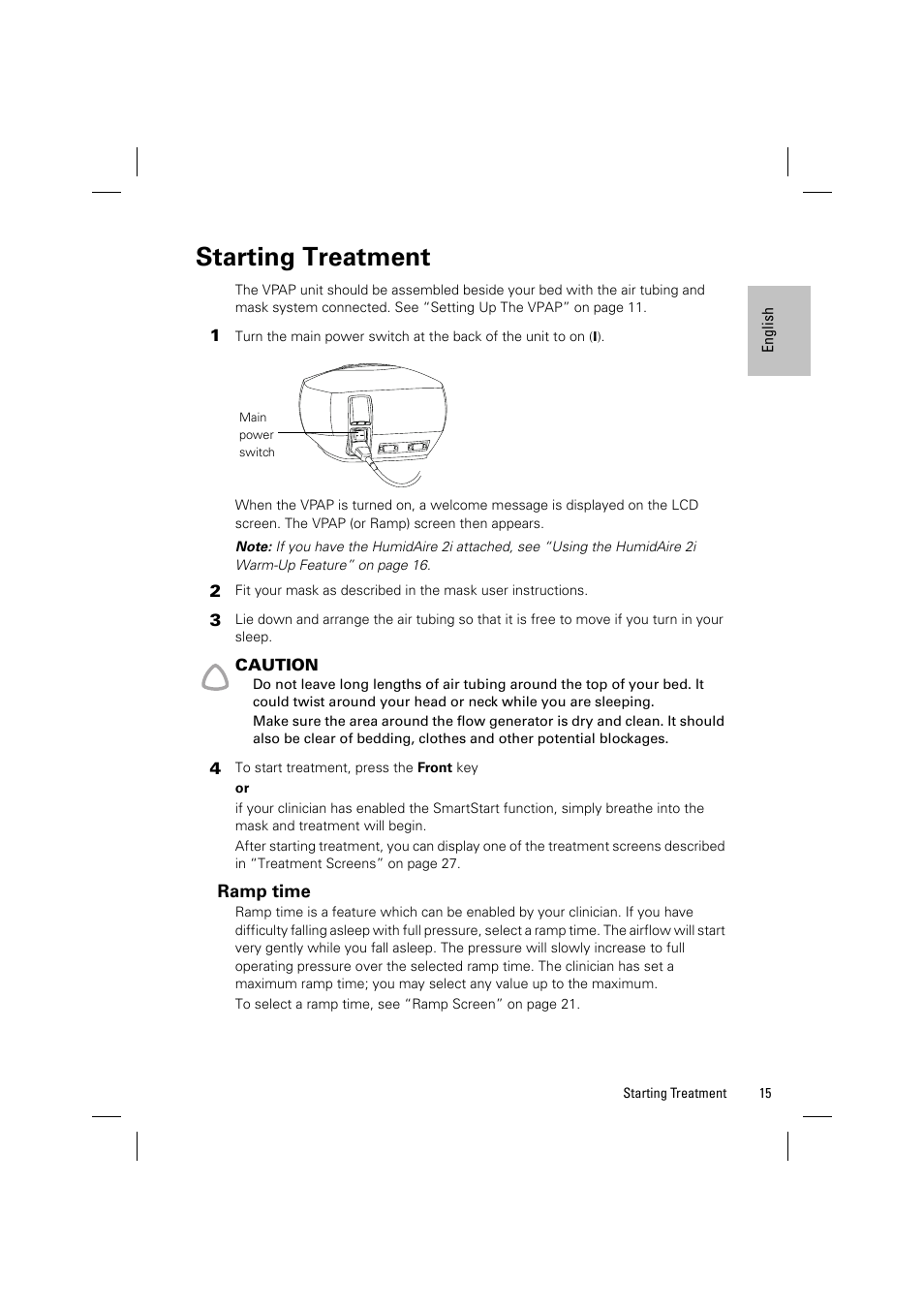 Starting treatment | ResMed VPAP III & III ST User Manual | Page 21 / 348