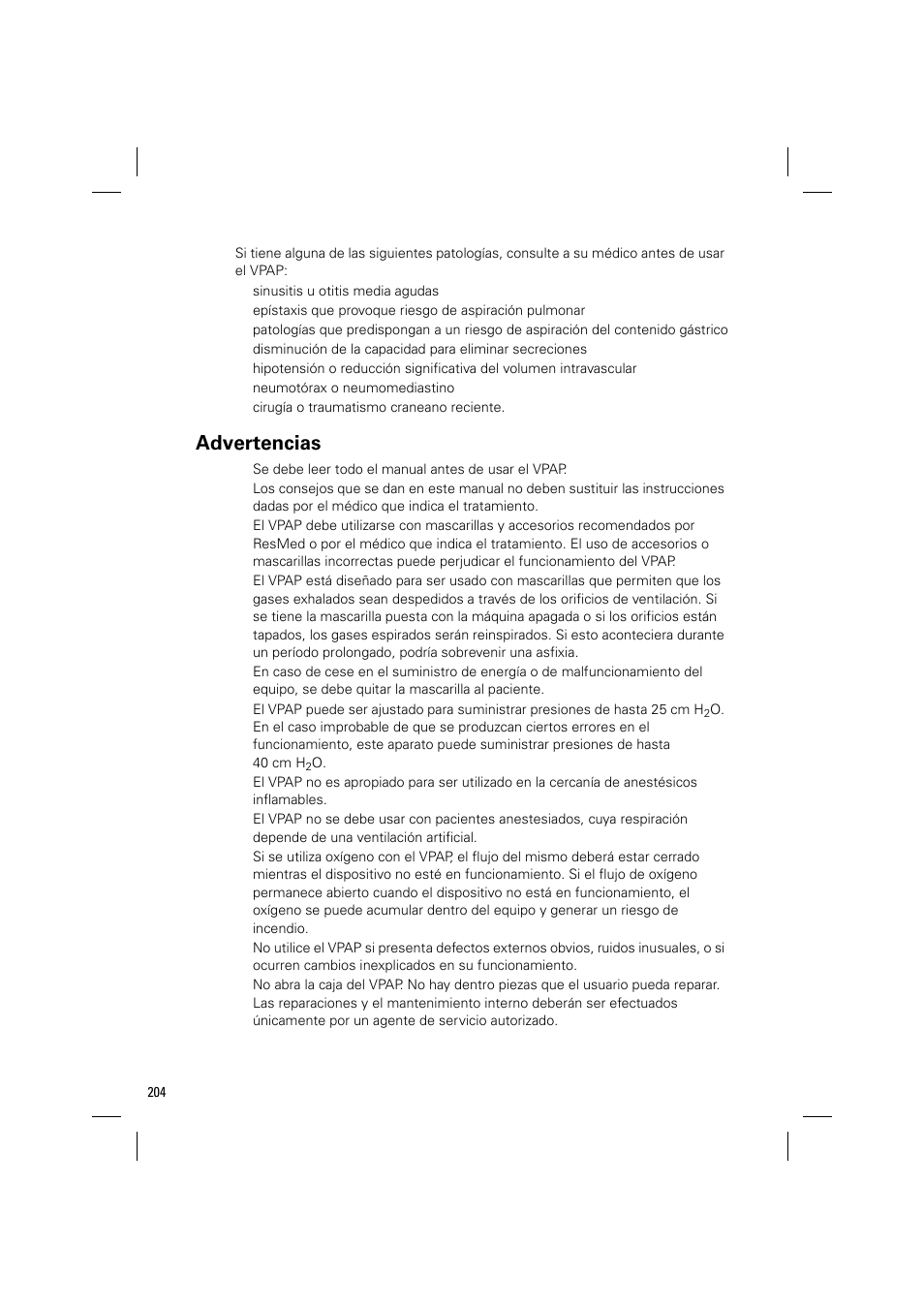 Advertencias | ResMed VPAP III & III ST User Manual | Page 210 / 348