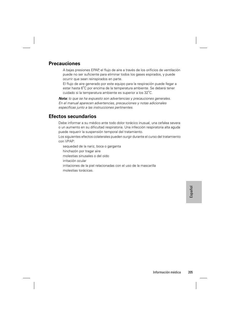 Precauciones, Efectos secundarios | ResMed VPAP III & III ST User Manual | Page 211 / 348