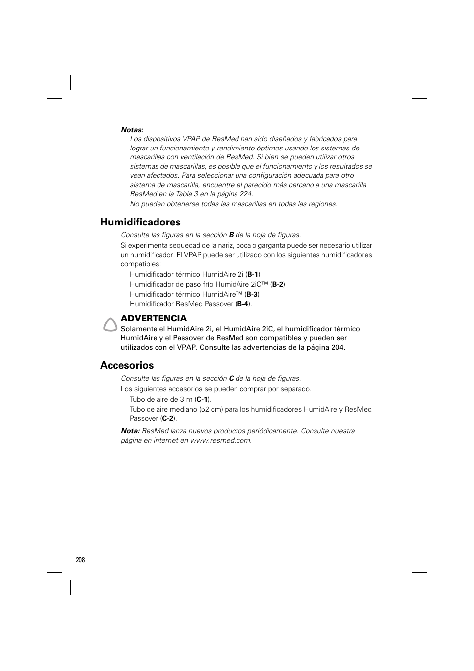 Humidificadores, Accesorios | ResMed VPAP III & III ST User Manual | Page 214 / 348