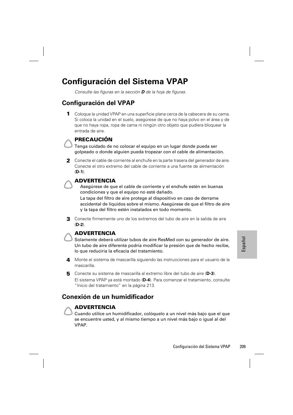 Configuración del sistema vpap, Configuración del vpap, Conexión de un humidificador | ResMed VPAP III & III ST User Manual | Page 215 / 348