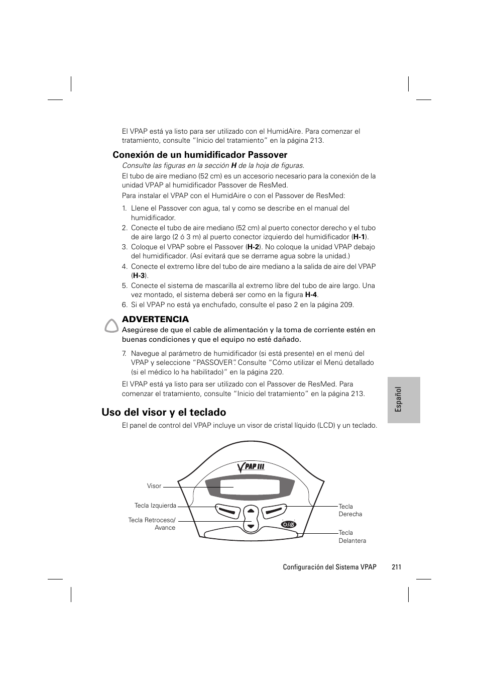 Uso del visor y el teclado, Conexión de un humidificador passover | ResMed VPAP III & III ST User Manual | Page 217 / 348