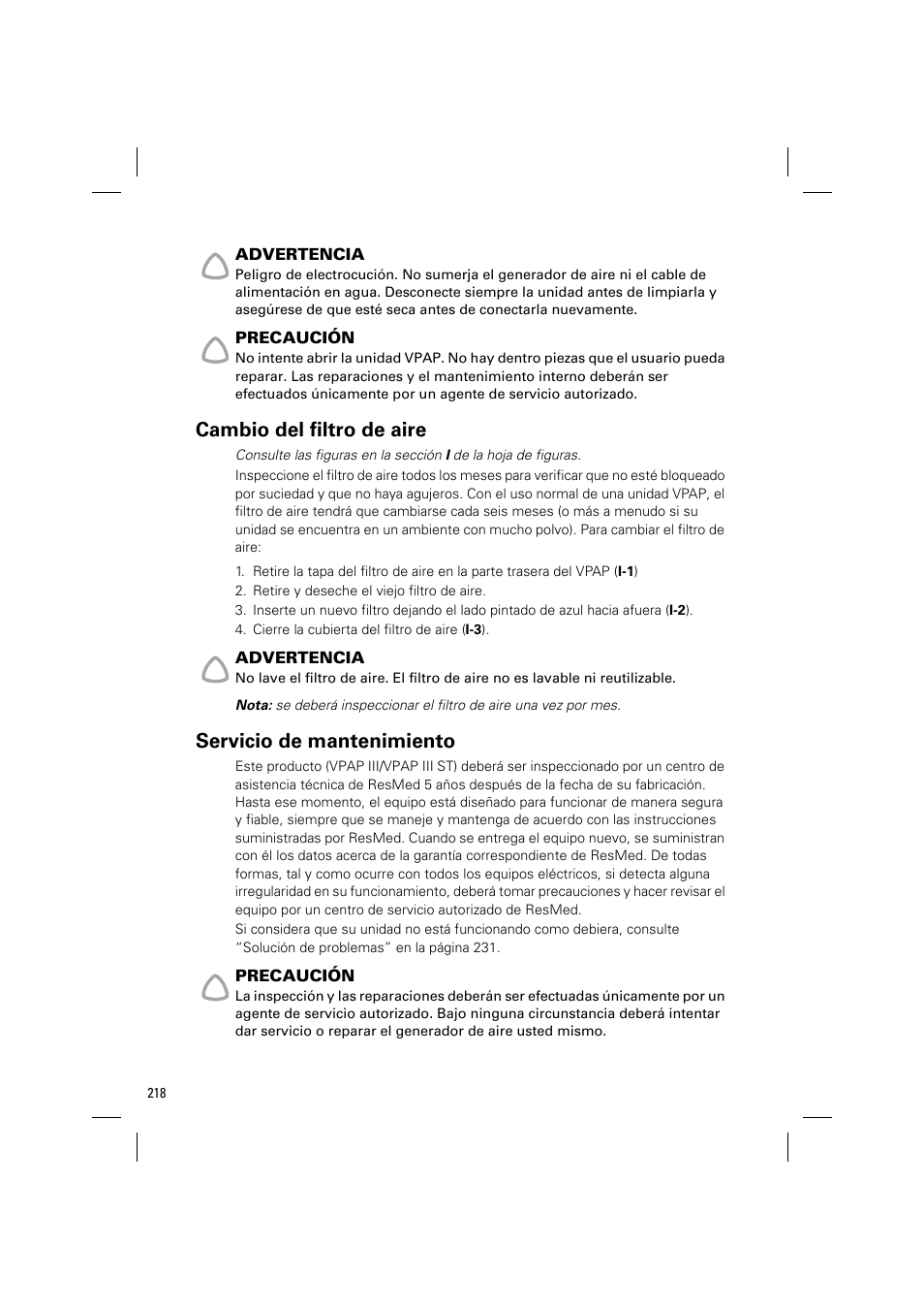 Cambio del filtro de aire, Servicio de mantenimiento | ResMed VPAP III & III ST User Manual | Page 224 / 348