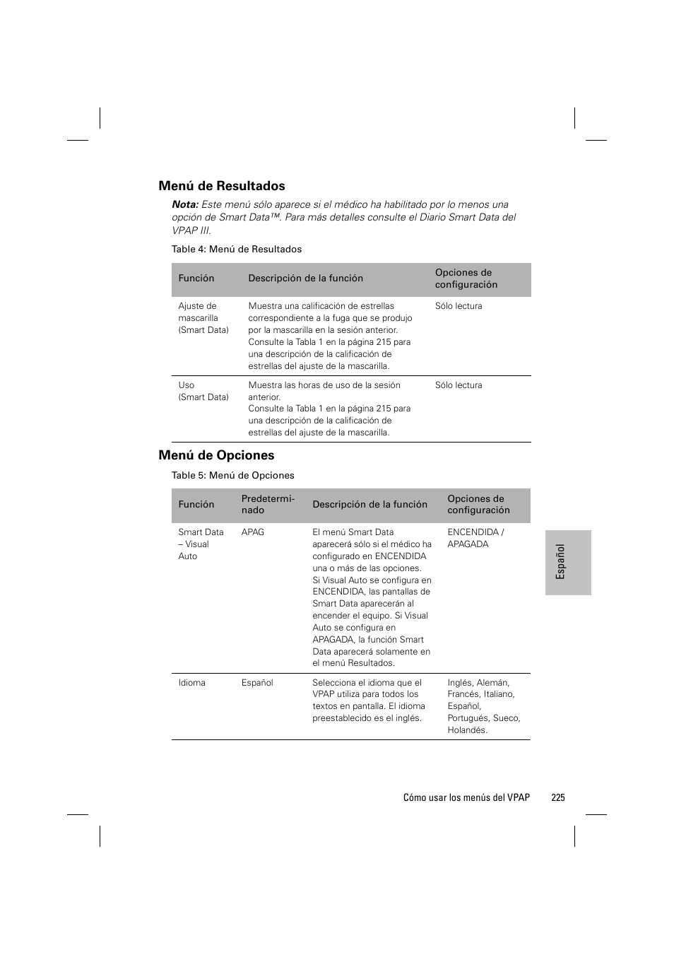 Menú de resultados, Menú de opciones | ResMed VPAP III & III ST User Manual | Page 231 / 348