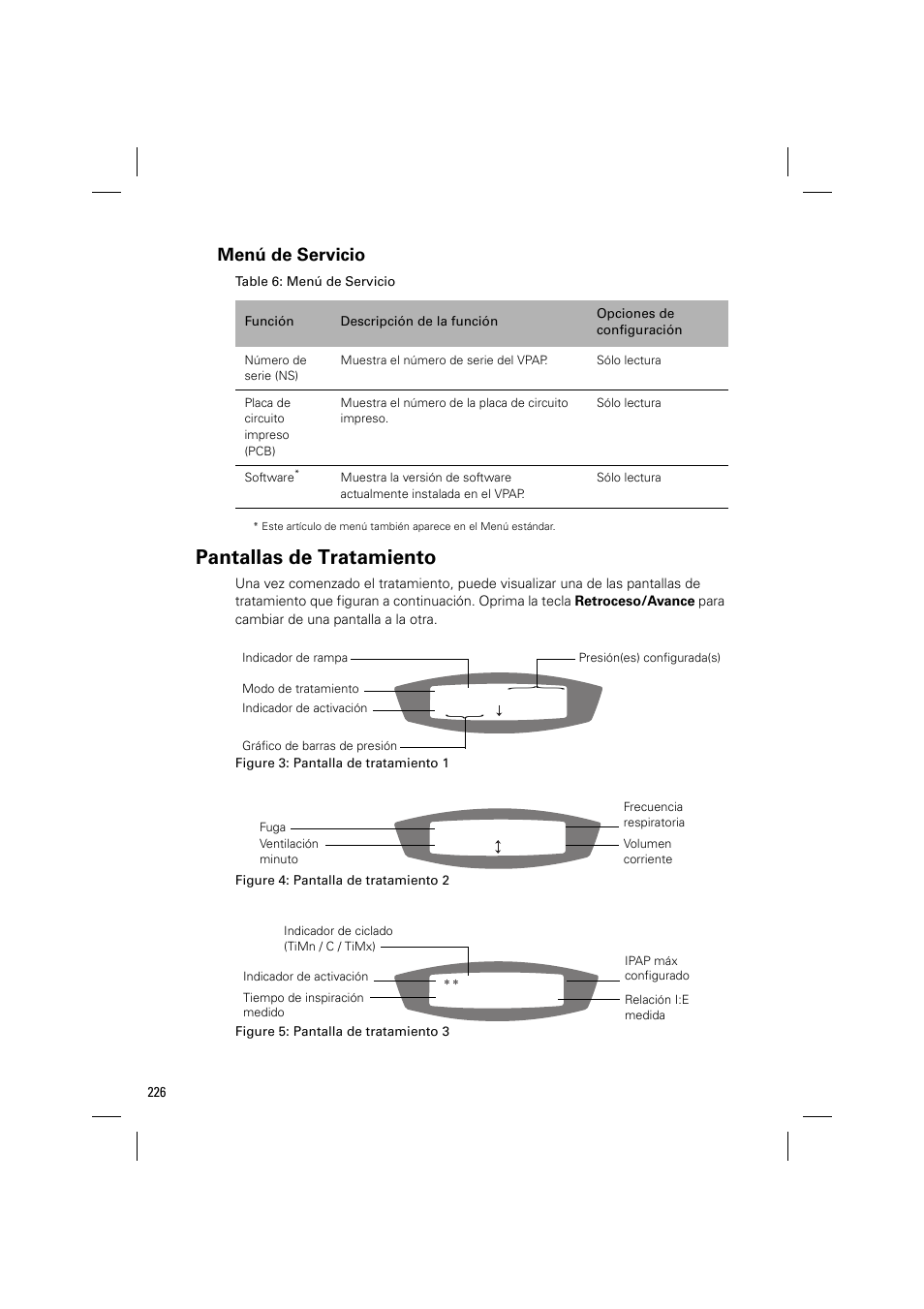 Pantallas de tratamiento, Menú de servicio | ResMed VPAP III & III ST User Manual | Page 232 / 348