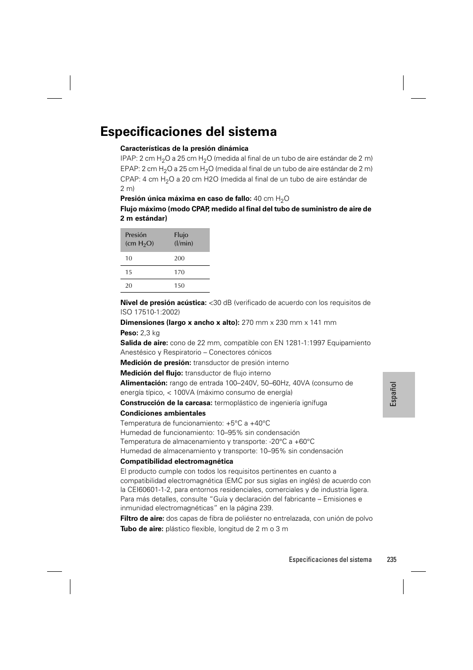 Especificaciones del sistema | ResMed VPAP III & III ST User Manual | Page 241 / 348