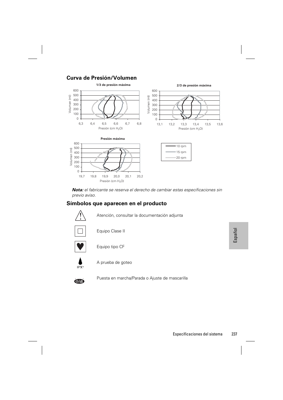 Curva de presión/volumen, Símbolos que aparecen en el producto, Espa ñol | ResMed VPAP III & III ST User Manual | Page 243 / 348